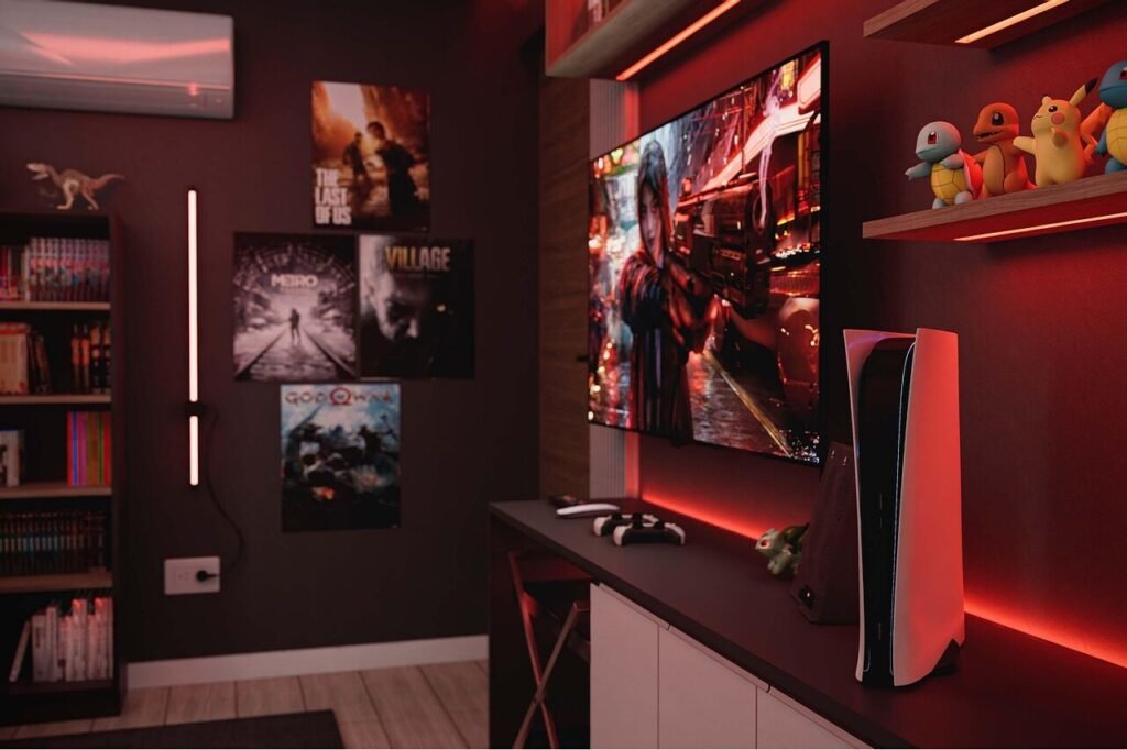 interior design, home office, modern interior, bedroom, study, pc, headphones, music, sound, technology, games, playstation, gamer, ps4, ps5, console, play, xbox, red, space red, night, led, dark, render, room